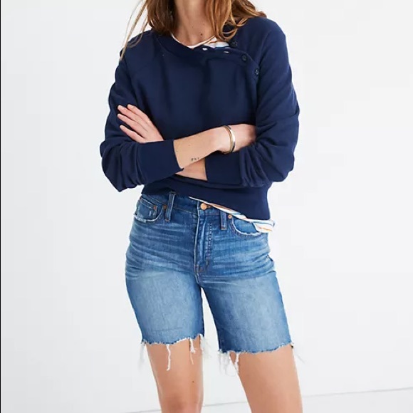 Madewell Sz 26 High Rise Denim Shorts Midi Length Cut Offs Jean Distressed l0367 - Picture 11 of 11